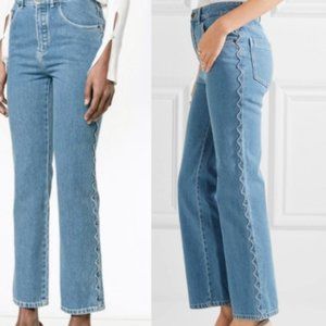 Chloe High Waist Straight Leg Denim Jeans w/Scalloped Side Seam Size EU 36/US 4